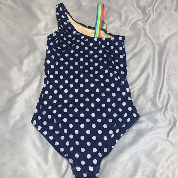 Lands' End girls navy blue polka dots Swimsuit with Rainbow Strap one piece 10 - Picture 4 of 6